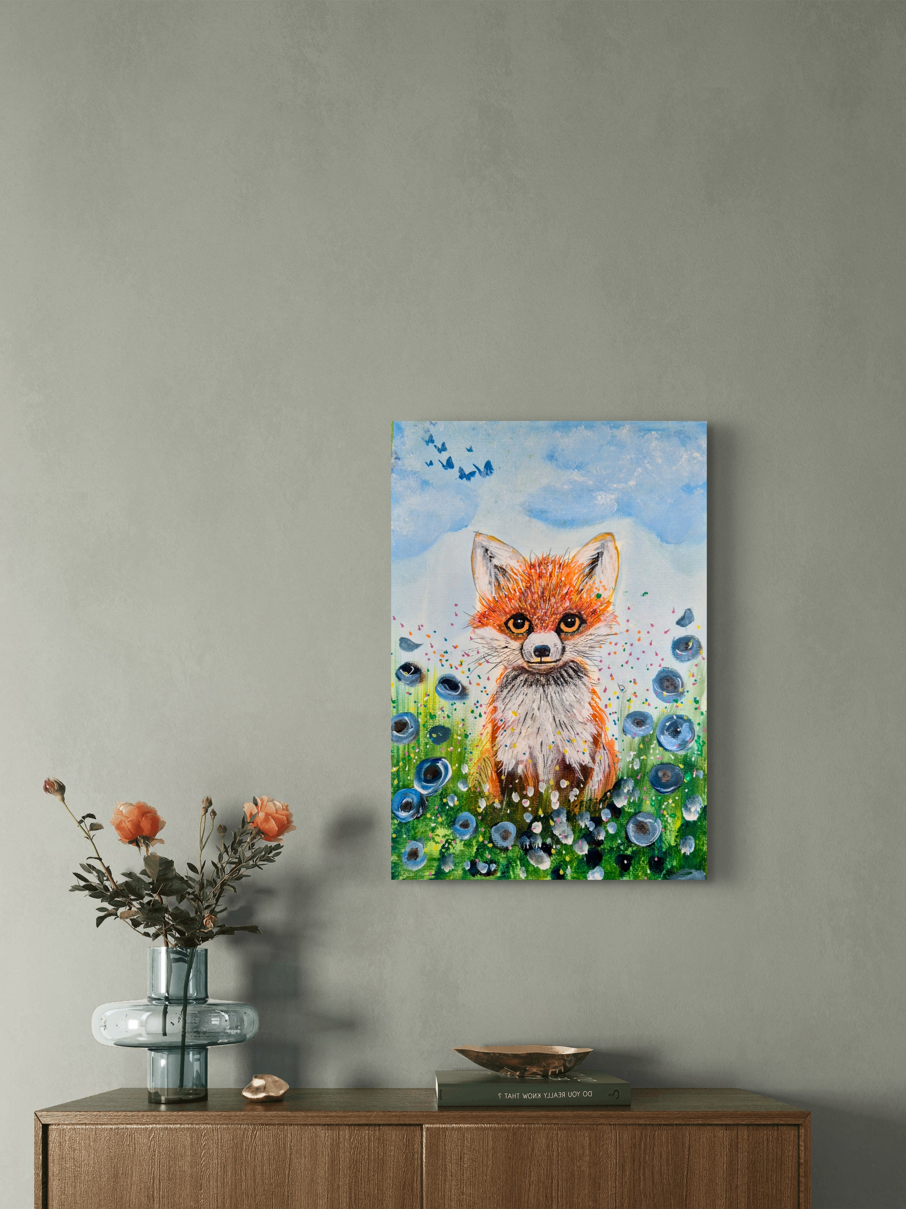 A3 Canvas Print — Summer Fox — glowing amber eyes, blue wildflowers, butterflies, summer meadow. Wildlife art print by Janet Jackson, JJs Art Online, Bradford UK — free UK delivery.