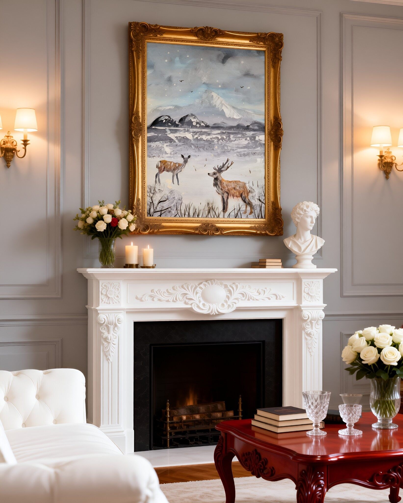 Stag & Doe beneath falling snow — standing together in a vast, quiet winter land. Distant mountains, soft falling snow, and two hearts keeping watch.