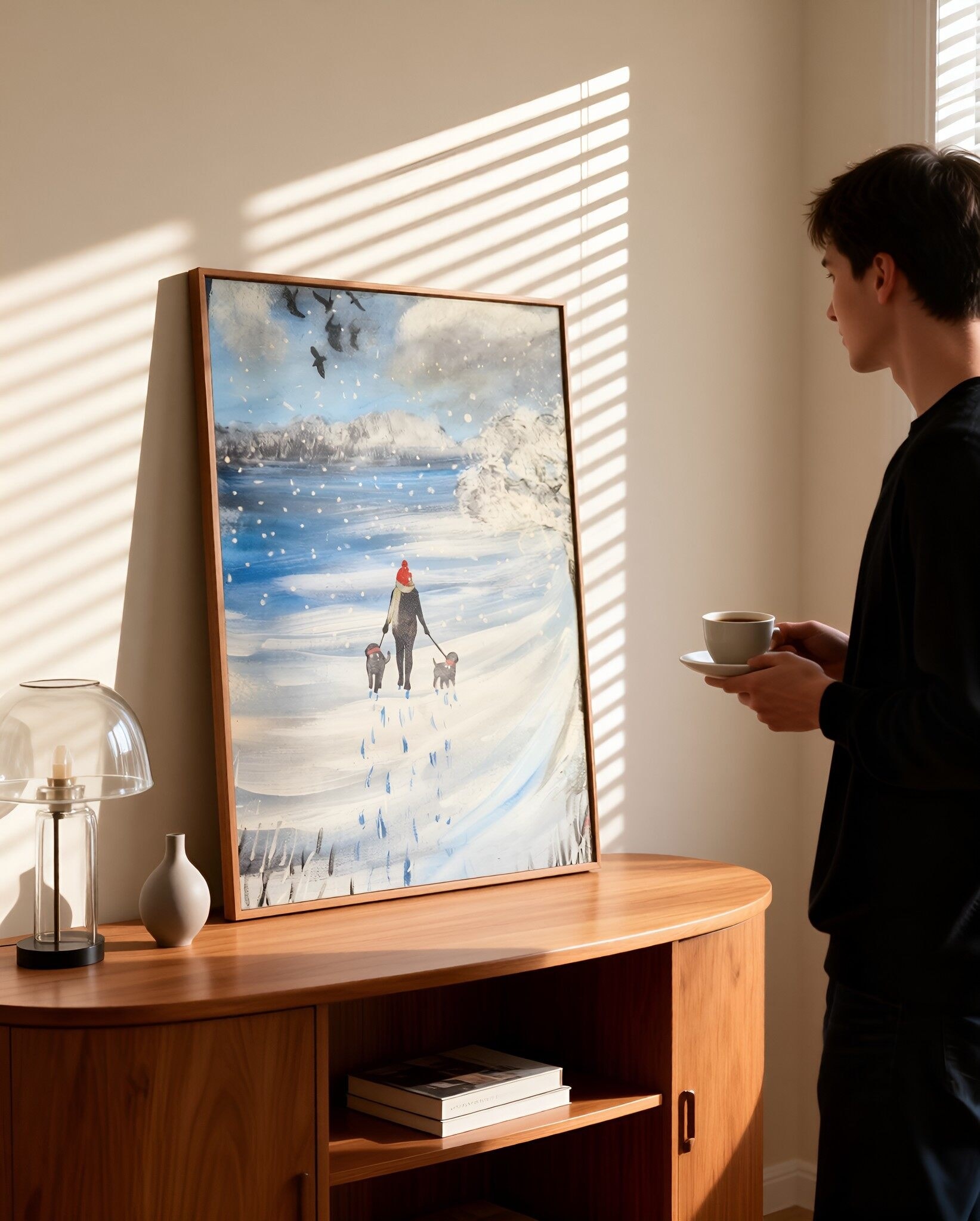 large print of a lady walking her dogs in snow