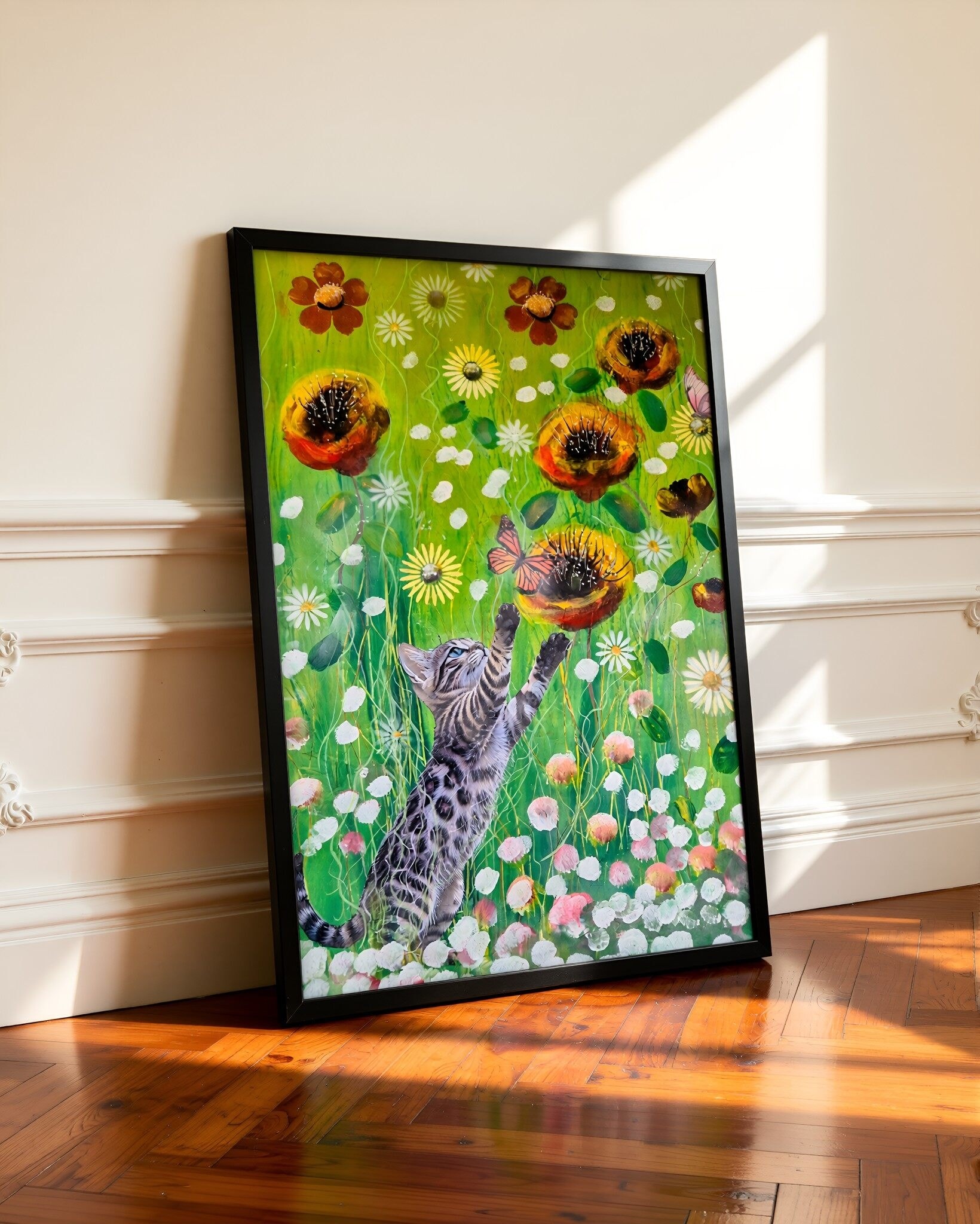Bengal Kitty playing in a wild flowers Garden