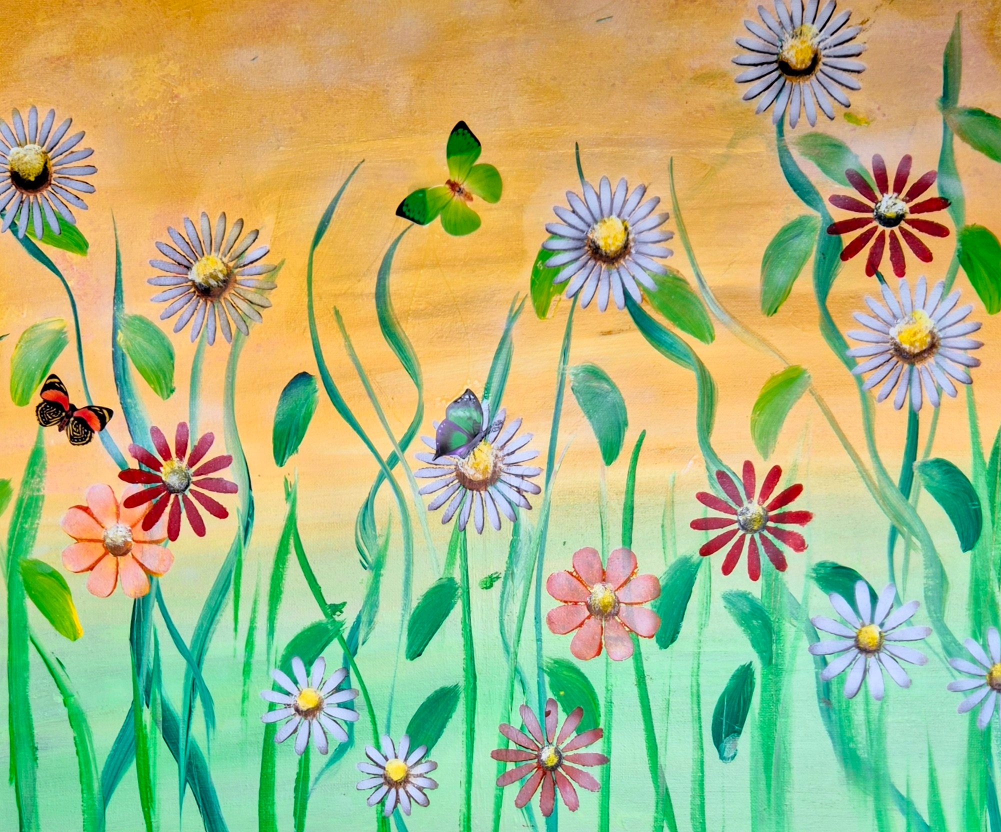 Warm golden sunlight spills across the canvas, fading gently into fresh spring green — capturing that soft, glowing hour of early morning. Slender, curving stems reach upward, adorned with daisies in soft lilac, blushing peach, deep rose and creamy white. Three delicate butterflies — green, purple, and striking red-black — flit and rest among the blooms, bringing the whole meadow alive with gentle movement.   Painted with loose, expressive brushwork and rich, warm colour — a piece that breathes peace, joy, and the quiet magic of nature.   🎨 Original acrylic on canvas 🖌️ Hand-painted by Janet Jackson — JJs Art, Bradford UK ☀️ Warm golden-to-green gradient background 🦋 Three unique butterflies + wild daisies in soft, natural tones ✨ Signed by the artist — ready to frame 🇬🇧 Created & packed with care in my Bradford studio   💛 A timeless piece of nature’s beauty — perfect for your home, or a truly special gift.   👉 Own the original — or shop canvas prints & cushion covers 🎨 Wildflower Meadow & Butterflies — Original Acrylic Painting   ✨ Title   Sunlit Wildflower Meadow — Daisies & Butterflies | Original Acrylic Painting by JJs Art
