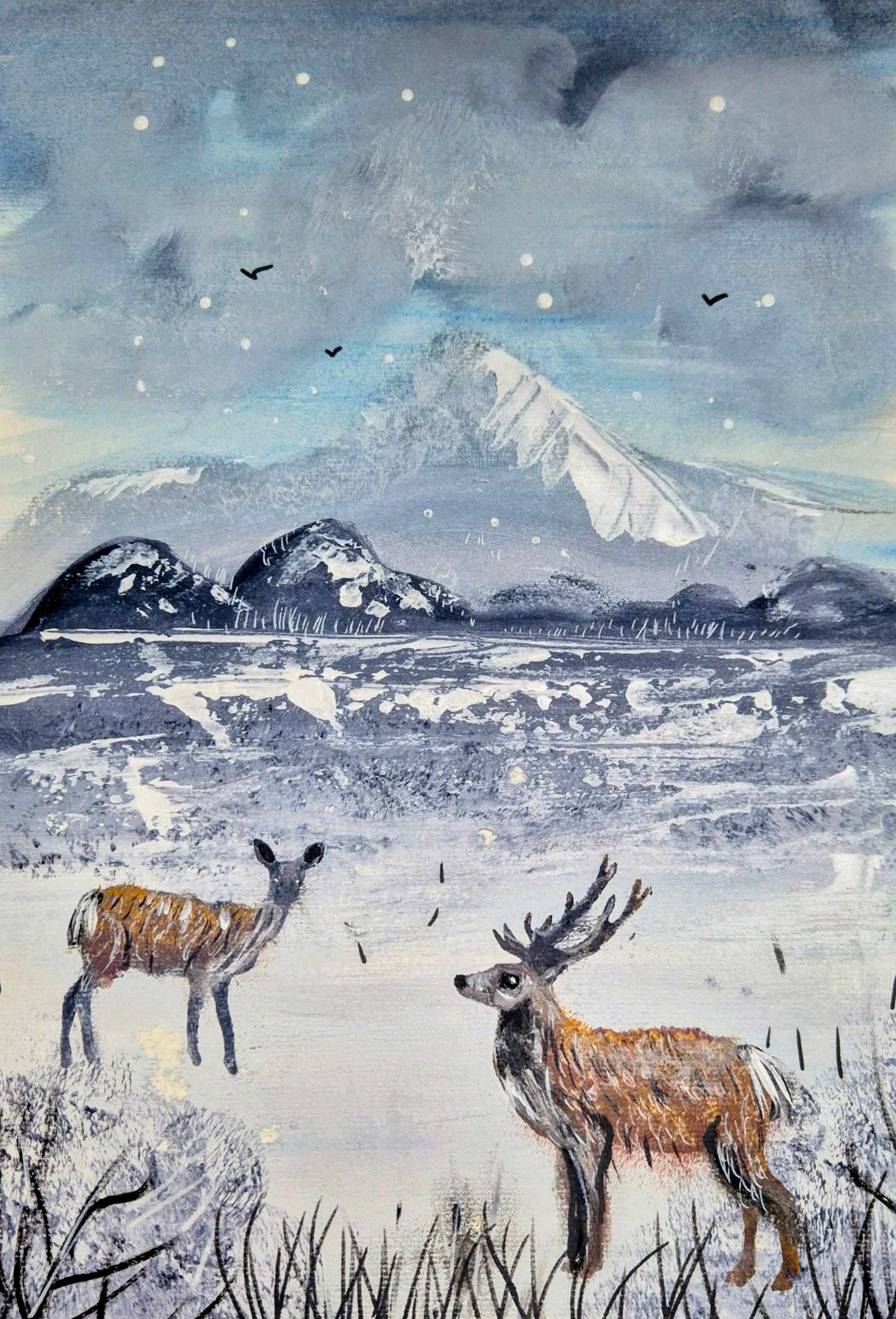 Stag & Doe beneath falling snow — standing together in a vast, quiet winter land. Distant mountains, soft falling snow.