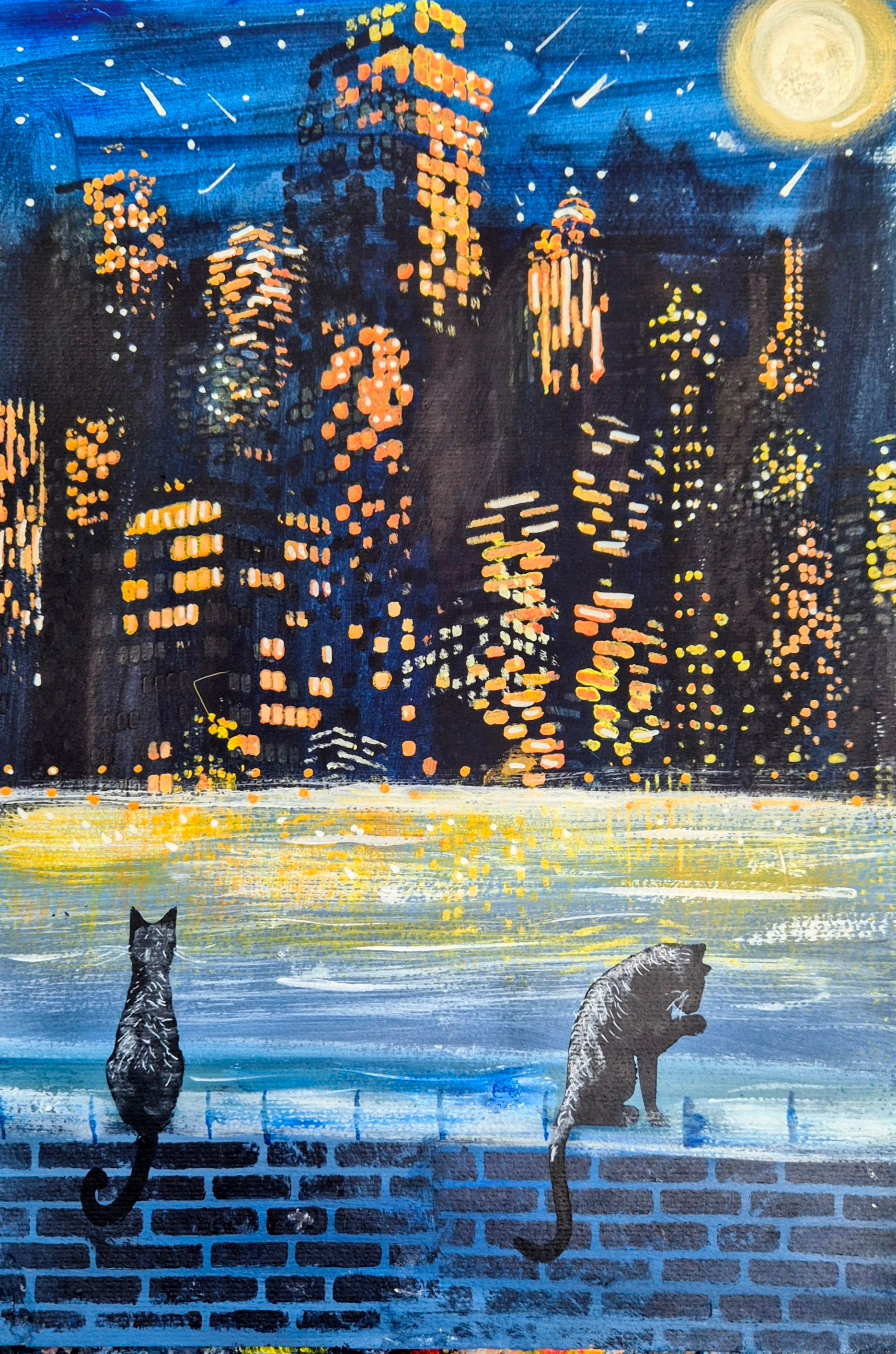  Original acrylic painting 'Night on the Town' — two black cats sitting on a brick wall overlooking a glowing city skyline, full moon and shooting stars in deep blue night sky, golden light reflections on water, heartfelt art by JJs Art