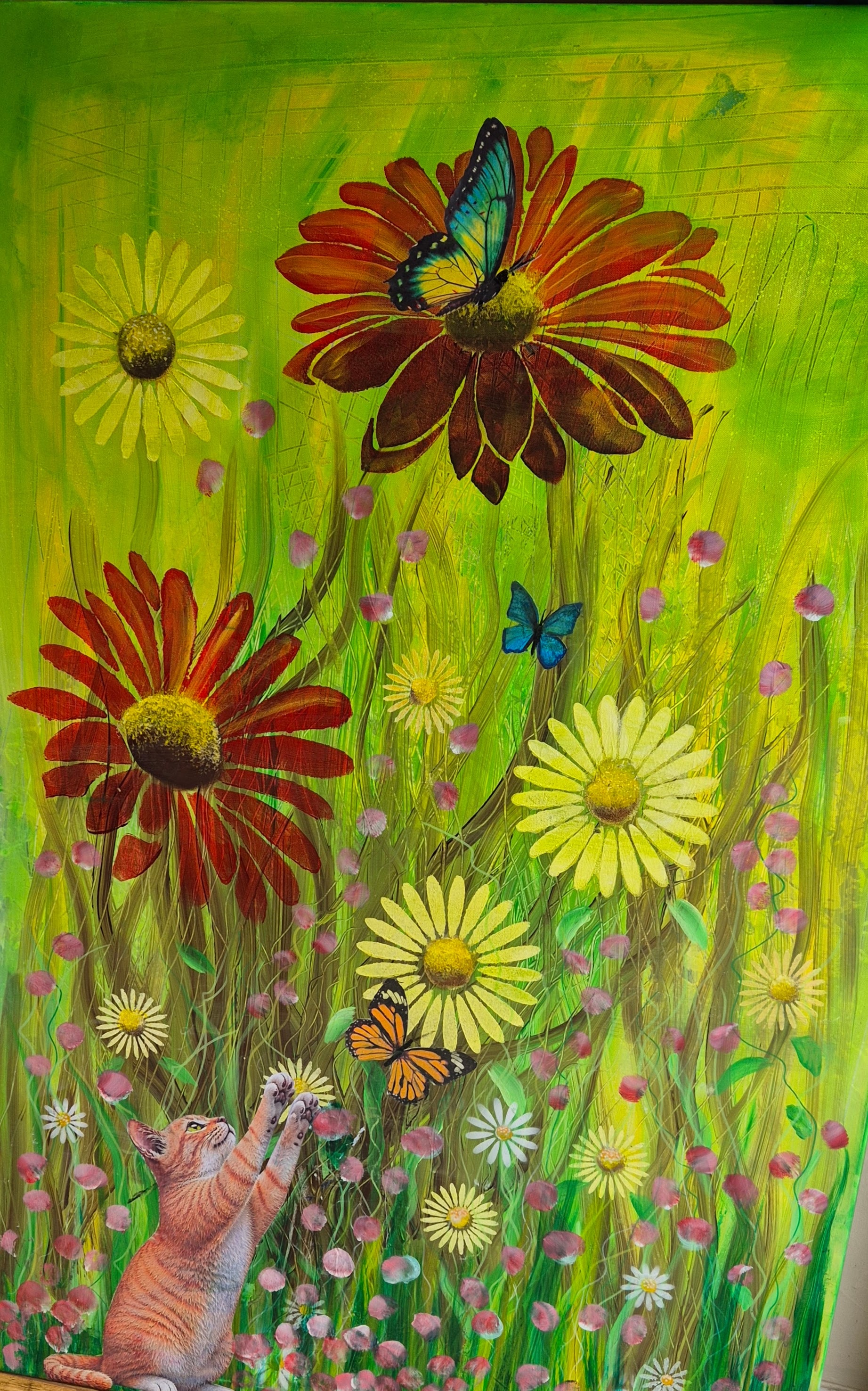 : Ginger kitten reaching for butterflies among tall daisies and wildflowers in a bright meadow painting.