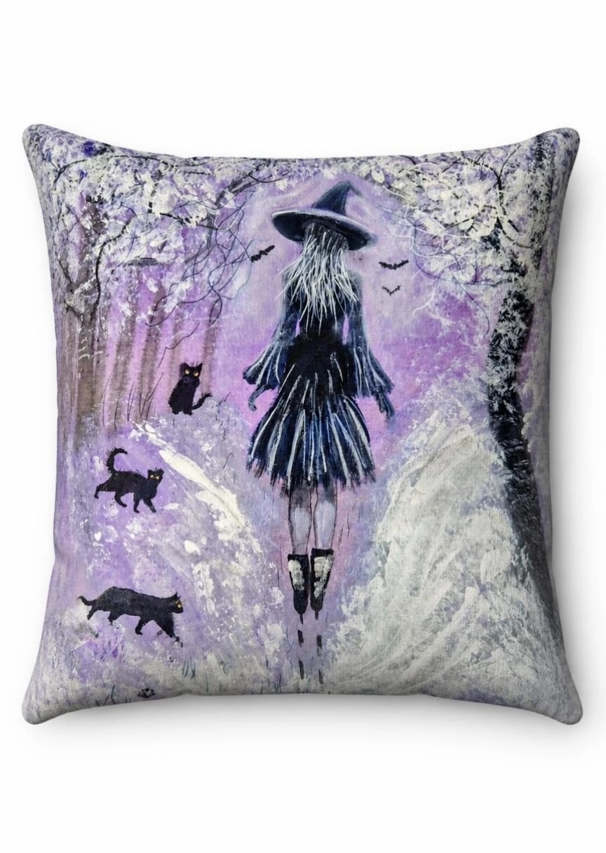 Winter Witch Cushion coverGreen-Eyed Witch & Black Cat — Halloween Magic — Original Art Print (