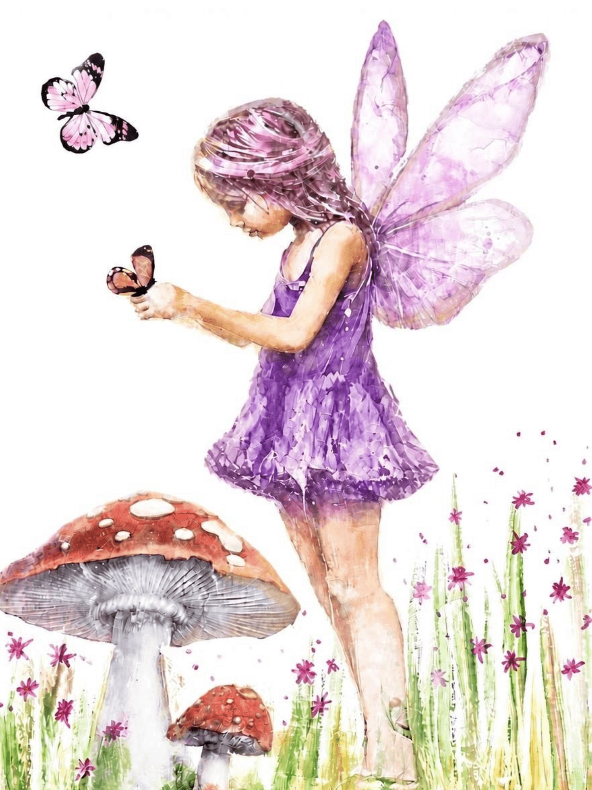  purple winged fairy with soft pink dress and translucent wings, holding a butterfly in a wildflower meadow with purple lilac flowers, touches of sky‑blue, golden yellow sunlight, red and white toadstools — watercolour style original fairy art by Janet Jackson, JJs Art, Bradford UK