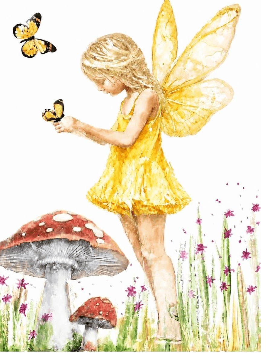  Pink‑winged fairy with soft pink dress and translucent wings, holding a butterfly in a wildflower meadow with purple lilac flowers, touches of sky‑blue, golden yellow sunlight, red and white toadstools — watercolour style original fairy art by Janet Jackson, JJs Art, Bradford UK