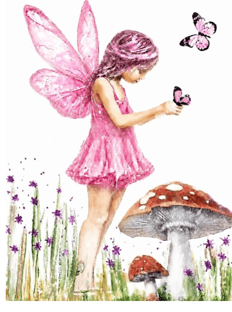 fairy dresed in pink holding a butterfly she is standind by a toodstool