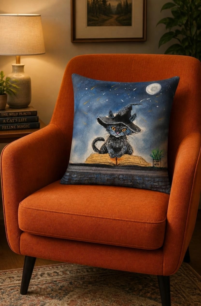 Cushion cover with picture of Merlin the Wizards Cat 