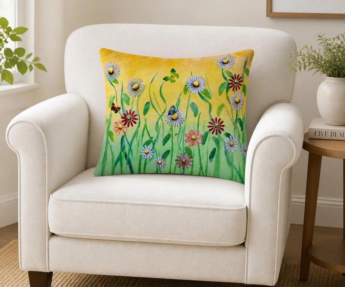 Warm golden sunlight spills across the canvas, fading gently into fresh spring green — capturing that soft, glowing hour of early morning. Slender, curving stems reach upward, adorned with daisies in soft lilac, blushing peach, deep rose and creamy white. Three delicate butterflies — green, purple, and striking red-black — flit and rest among the blooms, bringing the whole meadow alive with gentle movement.   Painted with loose, expressive brushwork and rich, warm colour — a piece that breathes peace, joy, and the quiet magic of nature.   🎨 Original acrylic on canvas 🖌️ Hand-painted by Janet Jackson — JJs Art, Bradford UK ☀️ Warm golden-to-green gradient background 🦋 Three unique butterflies + wild daisies in soft, natural tones ✨ Signed by the artist — ready to frame 🇬🇧 Created & packed with care in my Bradford studio   💛 A timeless piece of nature’s beauty — perfect for your home, or a truly special gift.   👉 Own the original — or shop canvas prints & cushion covers 🎨 Wildflower Meadow & Butterflies — Original Acrylic Painting   ✨ Title   Sunlit Wildflower Meadow — Daisies & Butterflies | Original Acrylic Painting by JJs Art