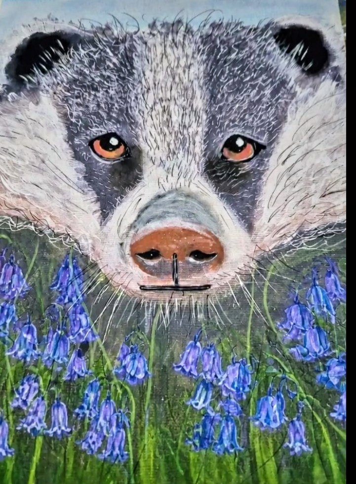 Spring Badger — Too Sweet for Spring — hand-painted badger peeking through bluebells & wildflowers, original mixed-media art by Janet Jackson, JJs Art Online, Bradford UK. Seasonal wildlife art, British badger, spring meadow, warm amber eyes.
