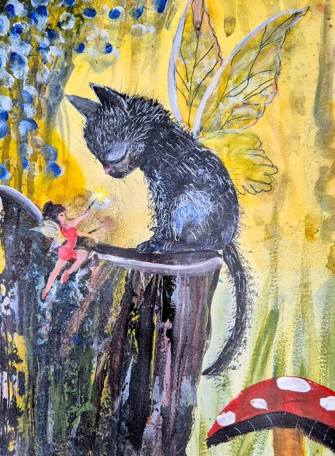 Whisker & Wing - original mixed-media artwork by Janet Jackson, JJs Art Online