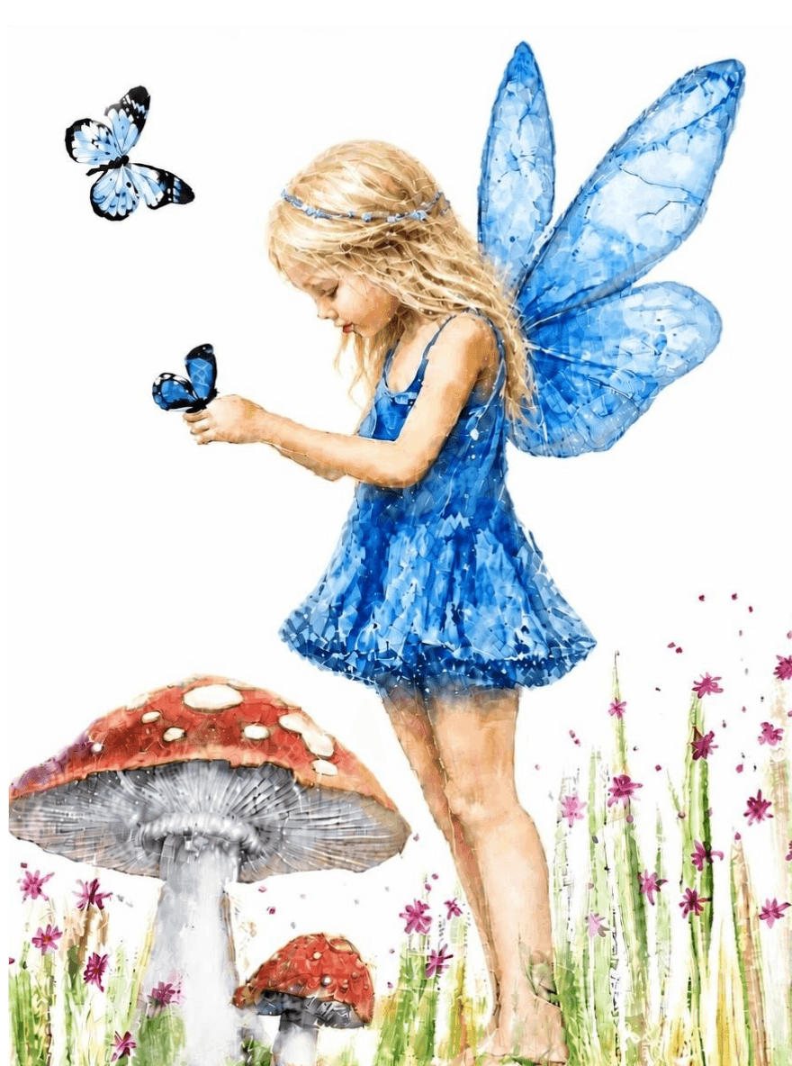  Blue ‑winged fairy with soft pink dress and translucent wings, holding a butterfly in a wildflower meadow with purple lilac flowers, touches of sky‑blue, golden yellow sunlight, red and white toadstools — watercolour style original fairy art by Janet Jackson, JJs Art, Bradford UK
