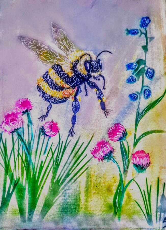 Bumblebee & Clover - original mixed-media artwork by Janet Jackson, JJs Art Online