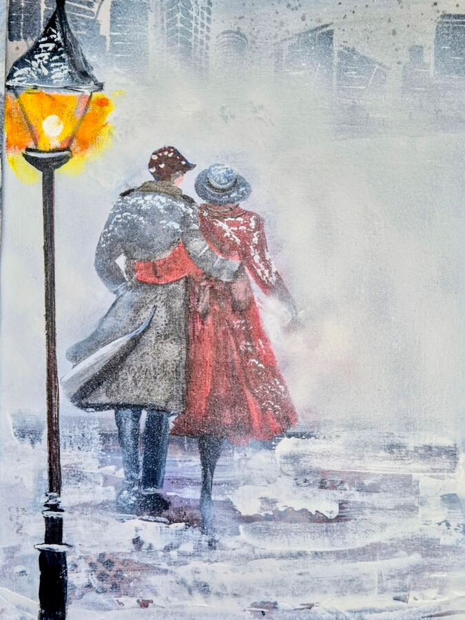 Snowy Embrace - original mixed-media artwork by Janet Jackson, JJs Art Online