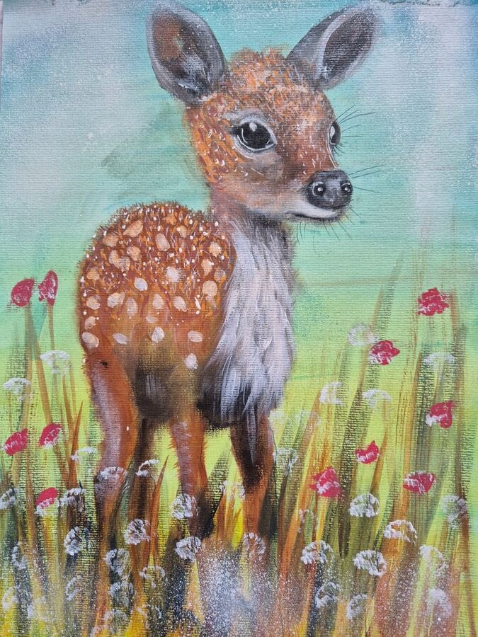 Fawn Among the Poppies - original mixed-media artwork by Janet Jackson, JJs Art Online
