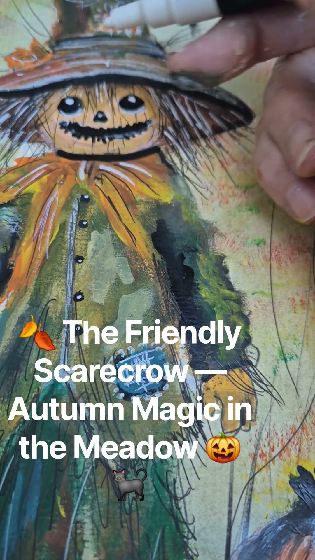 Autumn Scarecrow — Black Cat & Jack‑o'‑Lantern — Acrylic Mixed‑Media Art 🍂🎃🐈‍⬛