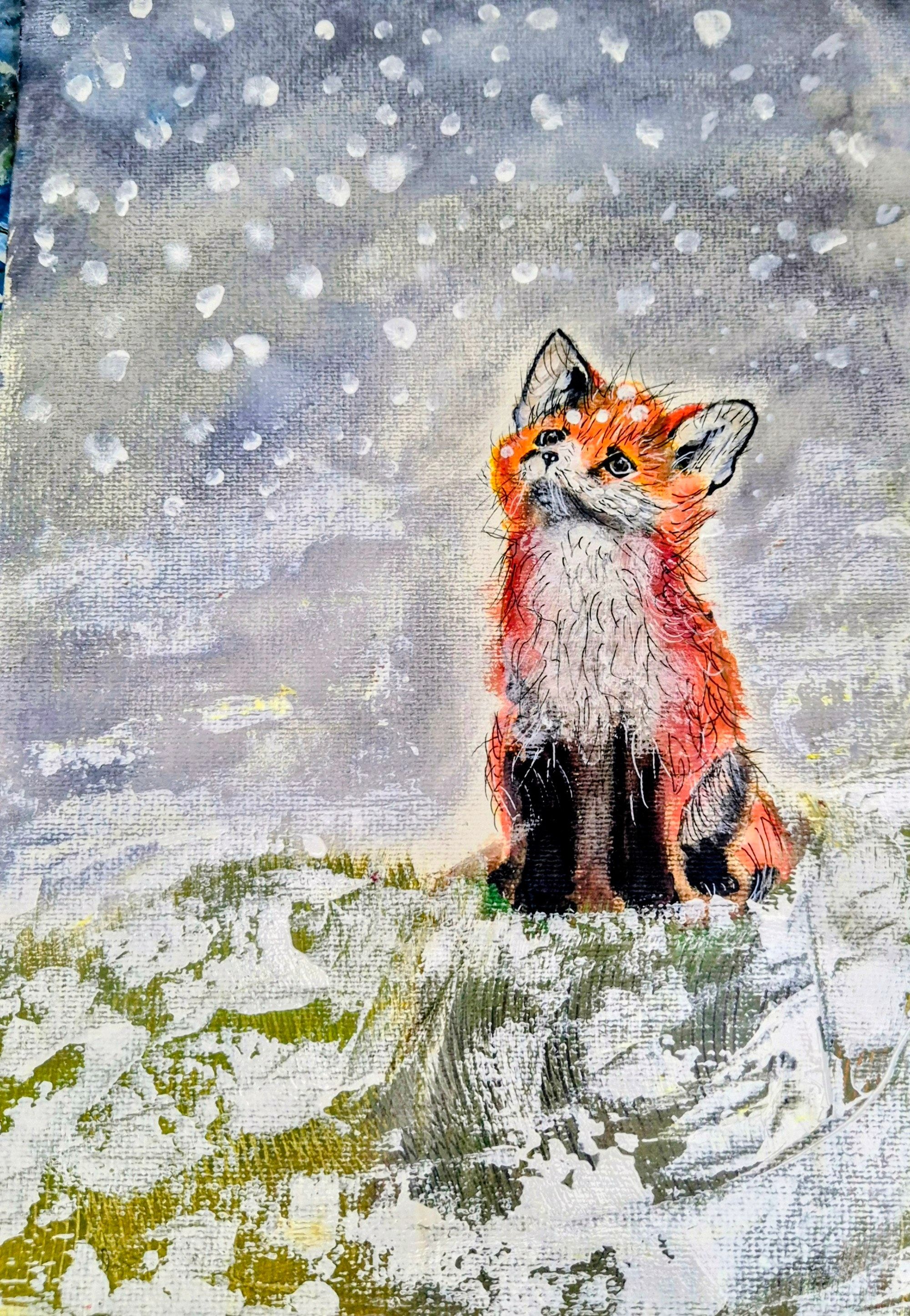 First Snow — a young red fox sitting in falling snow, looking up at the snowflakes, painted in soft greys and whites