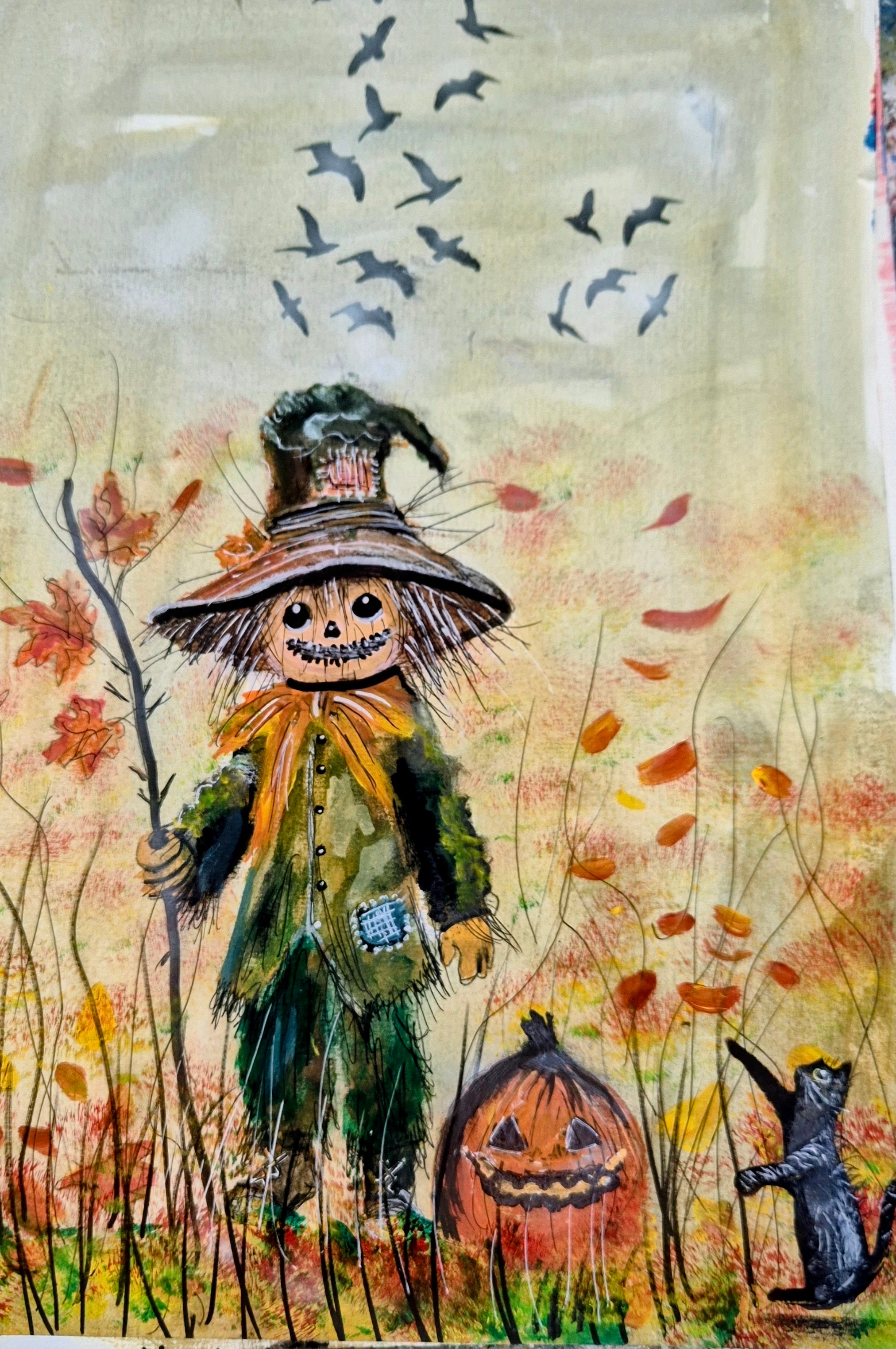 🍂 Warmth, friendship, and gentle harvest charm — a beloved autumn scene full of quiet magic 🎃 Standing tall in golden sun‑drenched meadow grasses, with his patched clothes, stitched smile and tattered hat tilted just so — the Friendly Scarecrow keeps watch over the fields through every changing season. Beside him, his loyal little black cat perches playfully atop a great grinning pumpkin, reaching up to bat at falling amber leaves drifting gently on the breeze. Flocks of birds drift across honey‑gold skies, while tall grasses sway in the soft autumn wind — a timeless, cosy scene brimming with friendship, warmth and the quiet magic of the harvest 🐈⬛✨ Painted in rich, glowing harvest tones — burnt orange, warm amber, russet, mossy green and soft gold — created in acrylic and mixed‑media, full of texture and gentle storybook warmth. Perfect for autumn, Halloween, or adding a touch of whimsical countryside charm to your home all year round 🕯️🏡 🎨 Original artwork by Janet Jackson — JJs Art, Bradford UK 🇬🇧 🖼️ Available as fine‑art canvas prints — bring this gentle autumn magic