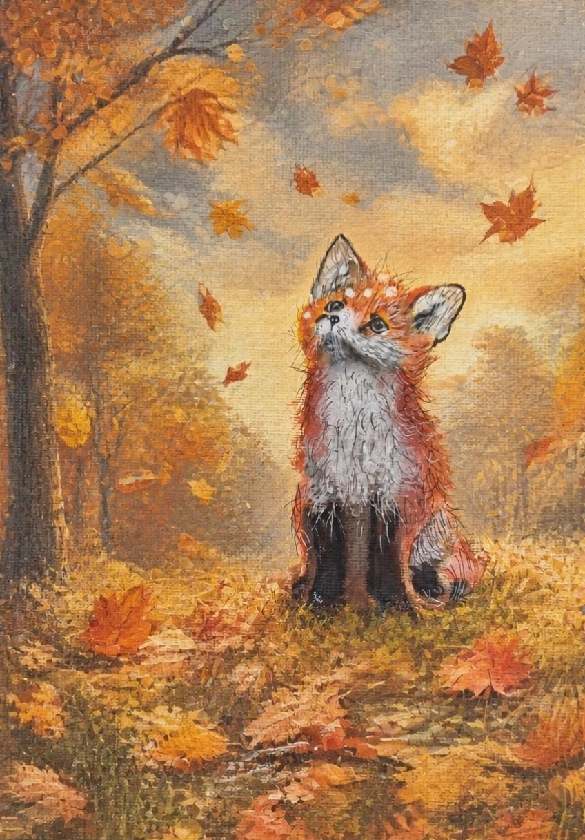 First Leaf — a young red fox sitting among fallen golden leaves, looking up at maple leaves falling from an autumn tree