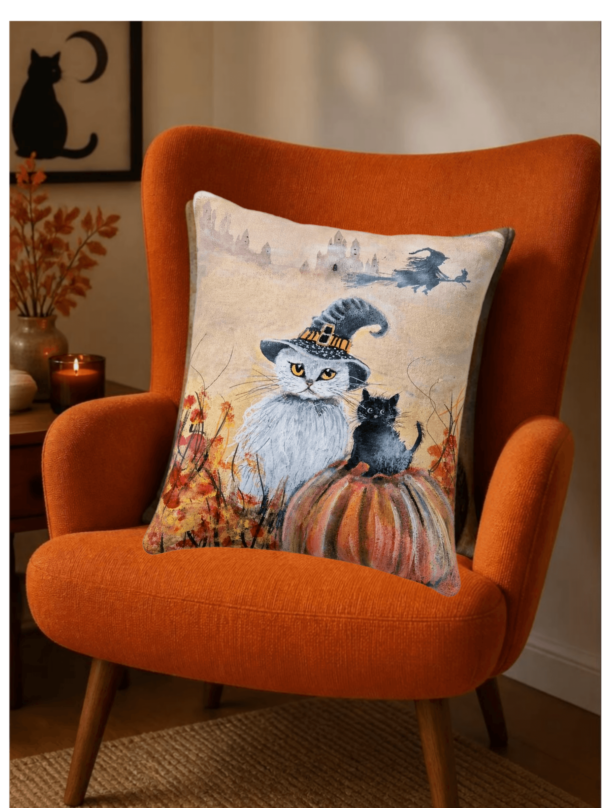 White cat wearing a speckled witch’s hat with golden buckle beside a curious little black kitten perched on a great pumpkin — warm autumn fields with fiery red and orange foliage, misty distant castle towers and a witch flying past on her broomstick across soft golden skies — original whimsical Halloween art by Janet Jackson, JJs Art, Bradford UK 🇬🇧