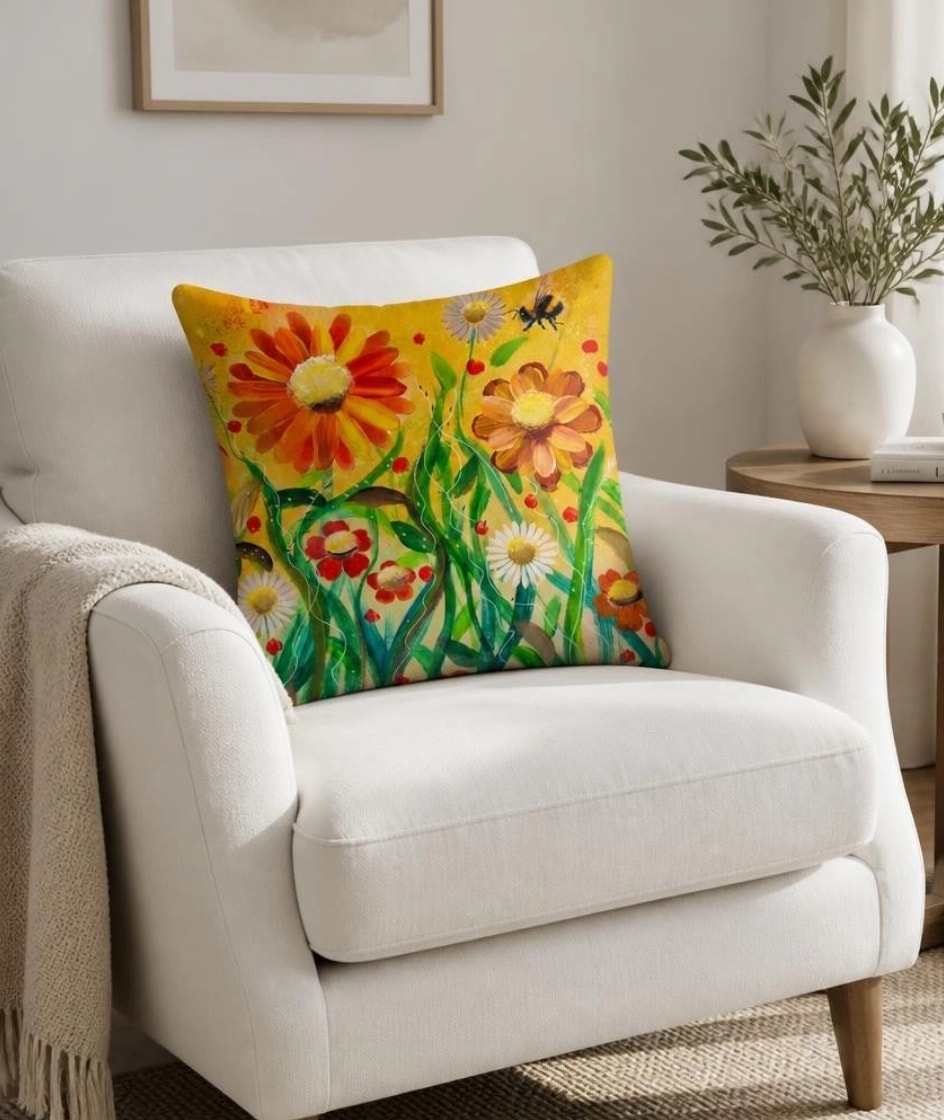 Warm golden sunlight spills across the canvas, fading gently into fresh spring green — capturing that soft, glowing hour of early morning. Slender, curving stems reach upward, adorned with daisies in soft lilac, blushing peach, deep rose and creamy white. Three delicate butterflies — green, purple, and striking red-black — flit and rest among the blooms, bringing the whole meadow alive with gentle movement. Painted with loose, expressive brushwork and rich, warm colour — a piece that breathes peace, joy, and the quiet magic of nature. 🎨 Original acrylic on canvas 🖌️ Hand-painted by Janet Jackson — JJs Art, Bradford UK ☀️ Warm golden-to-green gradient background 🦋 Three unique butterflies + wild daisies in soft, natural tones ✨ Signed by the artist — ready to frame 🇬🇧 Created & packed with care in my Bradford studio 💛 A timeless piece of nature’s beauty — perfect for your home, or a truly special gift. 👉 Own the original — or shop canvas prints & cushion covers 🎨 Wildflower Meadow & Butterflies