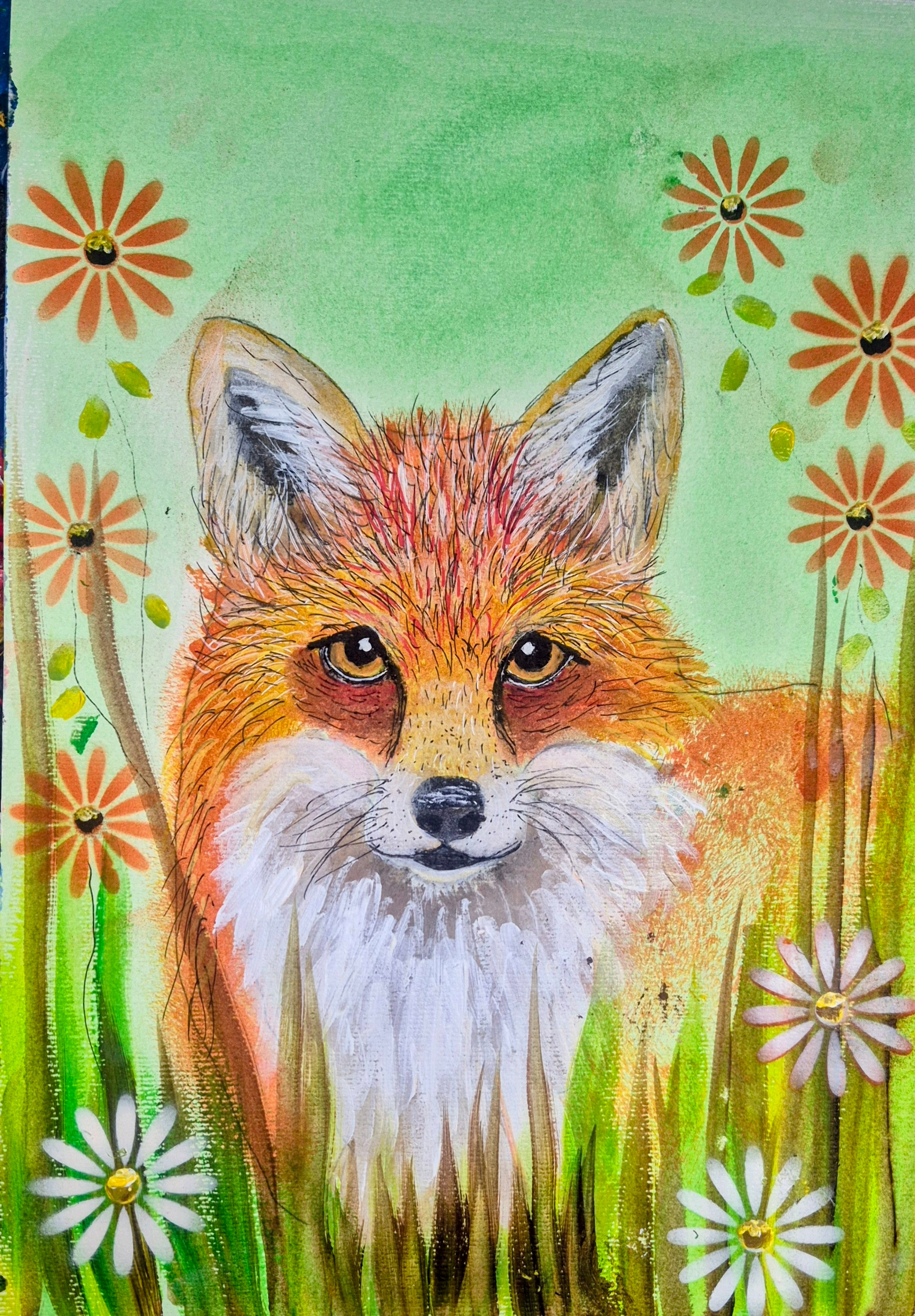 Fox Standing in long Grass with wild flowers
