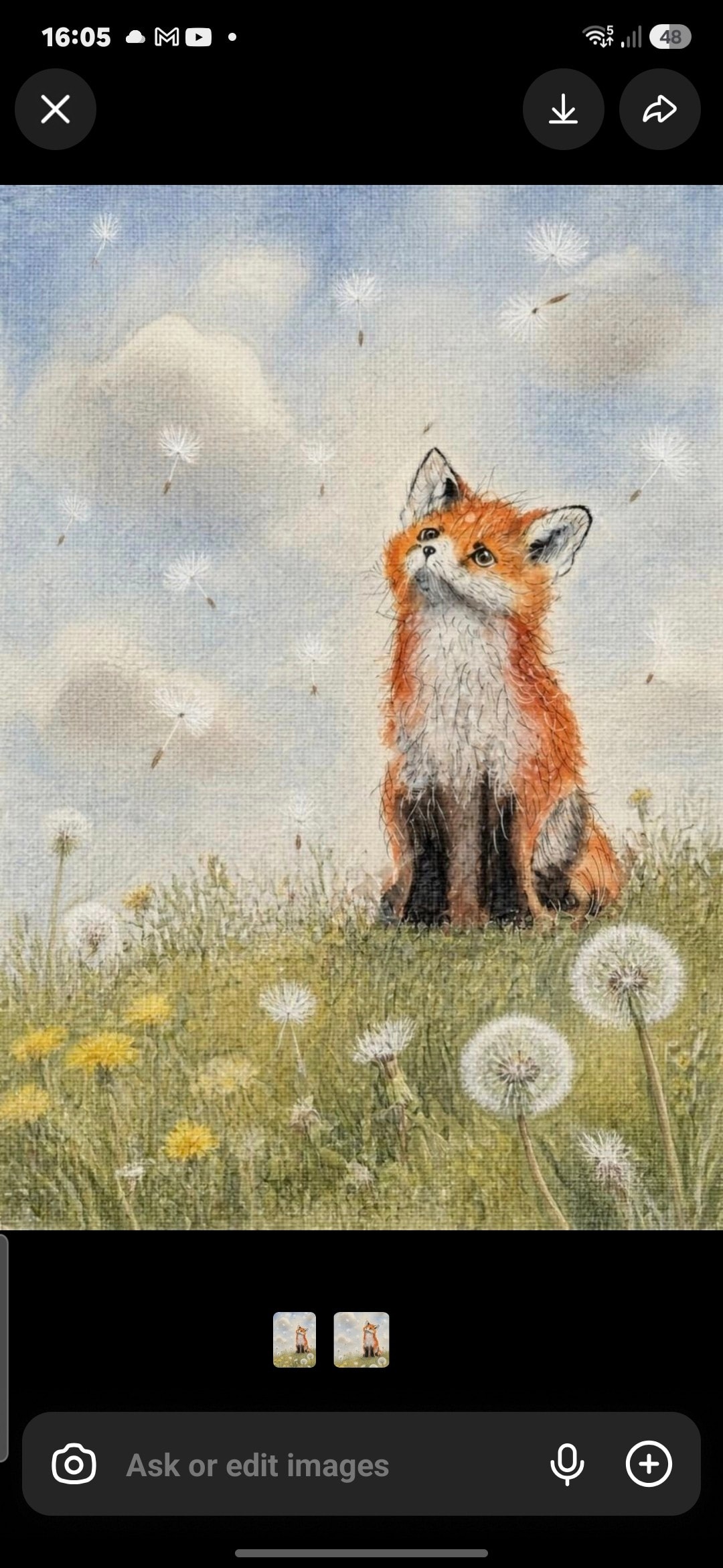 First Wish — a young red fox sitting in a summer meadow, looking up at floating dandelion seeds beneath a blue sky