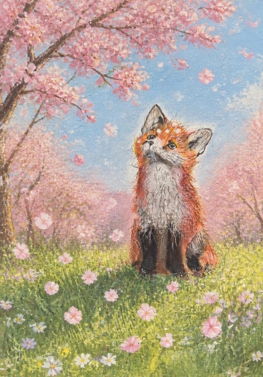 First Bloom — a young red fox sitting in a spring meadow beneath cherry blossom trees, looking up at falling petals