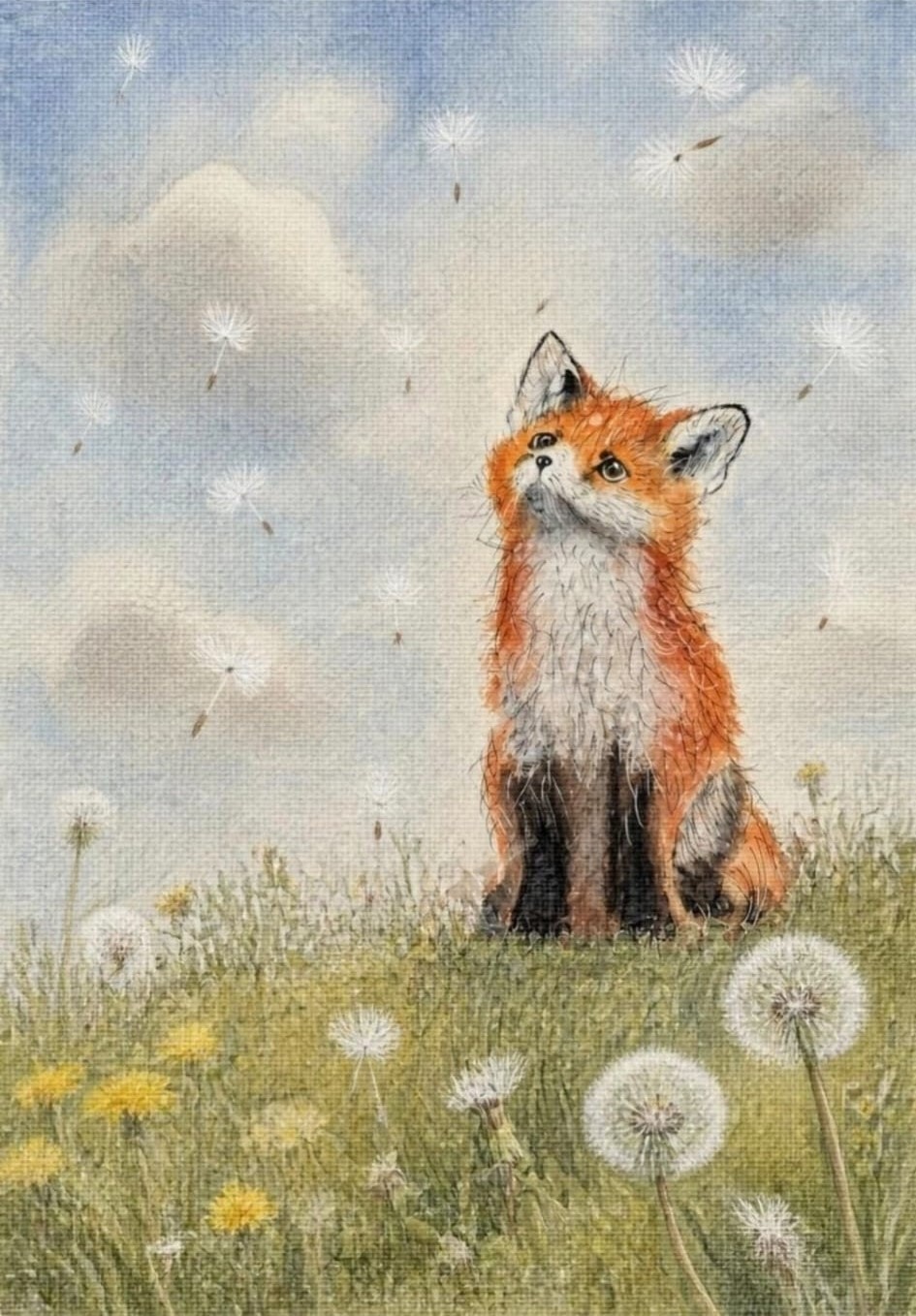 A young red fox sitting in a summer meadow of dandelions and buttercups, looking up at dandelion seeds drifting through a bright blue sky - soft mixed-media painting by Janet Jackson