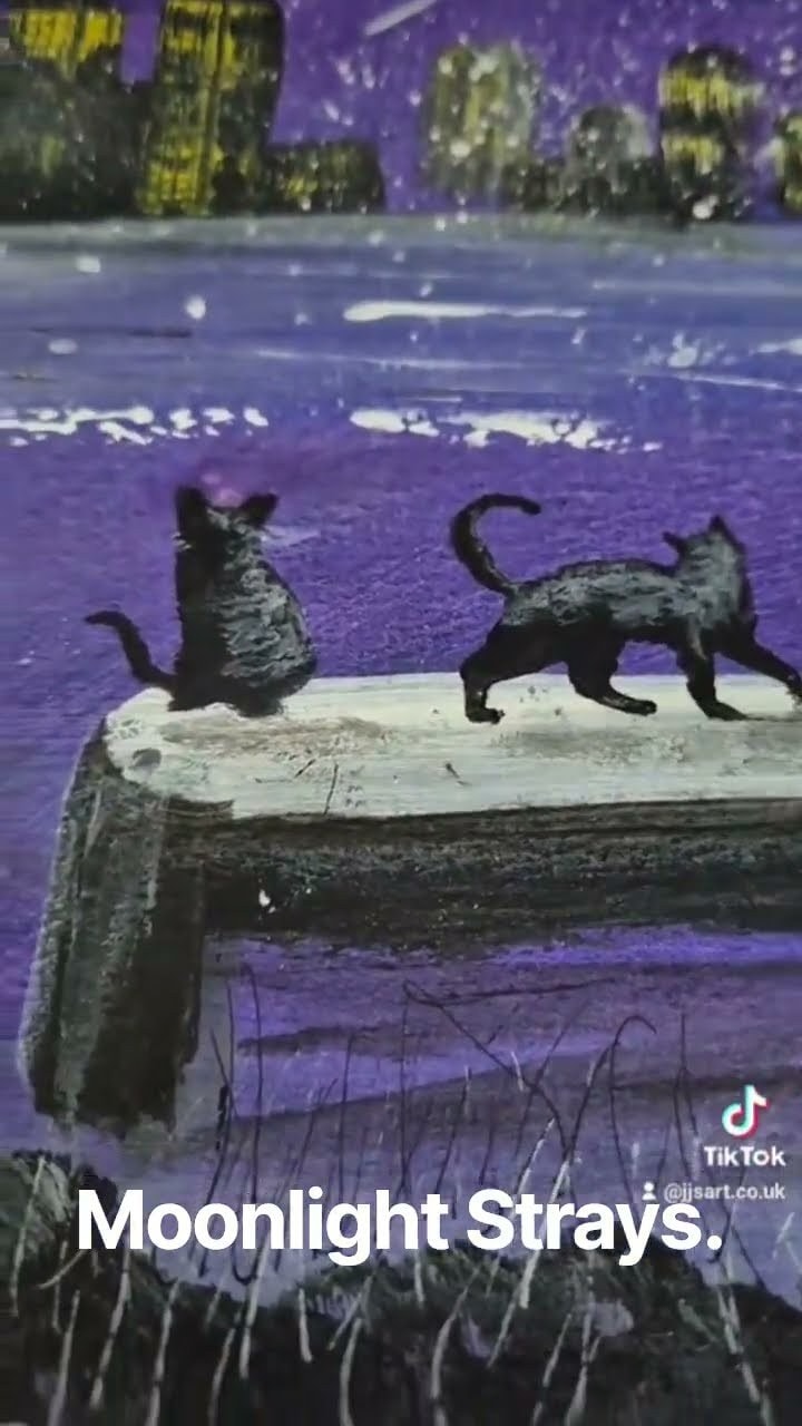 Moonlight Cats, Black Cat Art, Night Sky Painting,